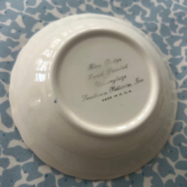 1930s Antique Blue Ridge Southern Potteries Hand Painted Blue and White Flower Small Bowls - Set of 6 For Sale - Image 5 of 5