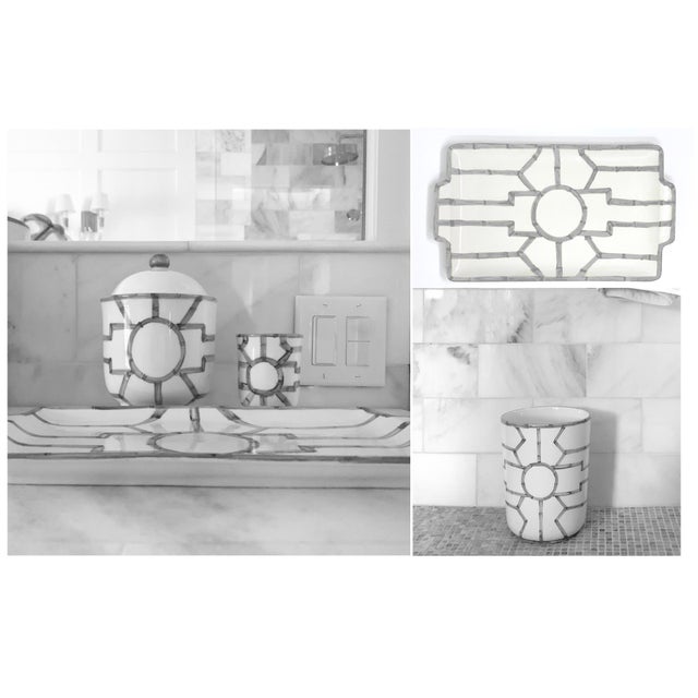 2020s Chinoiserie Bamboo Fret Ceramic Bath Set, Graphite, 5 Pieces For Sale - Image 5 of 9