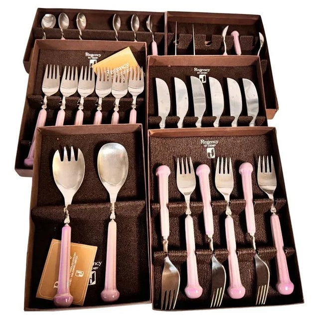 Set of Cutlery 31 Pieces in Metal and Bakelite Purple Color France circa 1970s.