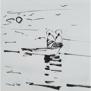 Contemporary Minimalist Pen and Ink Drawing of Fishermen by Jose Trujillo For Sale