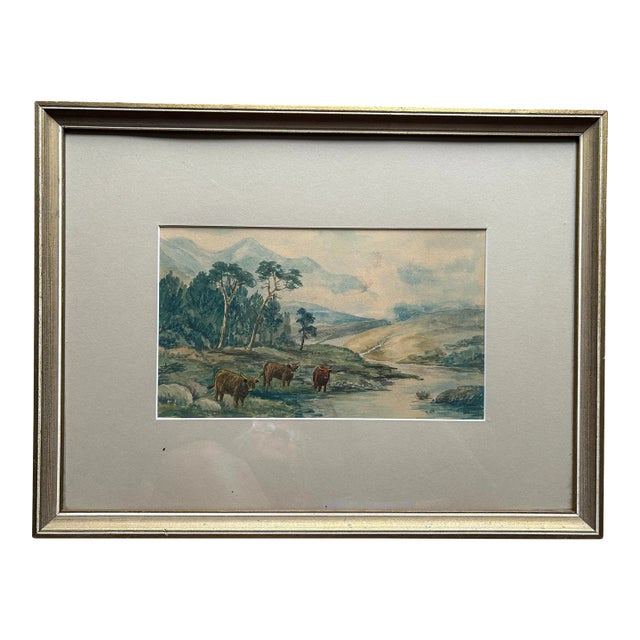 Antique Watercolor of Landscape With Cows by Listed Artist Charles Hall For Sale