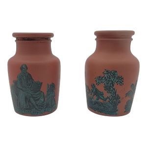 Two Antique English Prattware Transferware Meat Paste Pottery Jars C. 1860