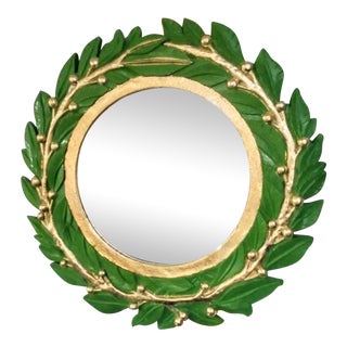 Custom Palm Beach Regency Lacquered Bright Green and Gold Leaf Round Wall Mirror For Sale