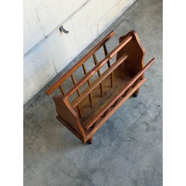 Wood Vintage Oak Magazine Holder Standing Rack Newspaper Storage Floor Stand 1970s For Sale - Image 7 of 10