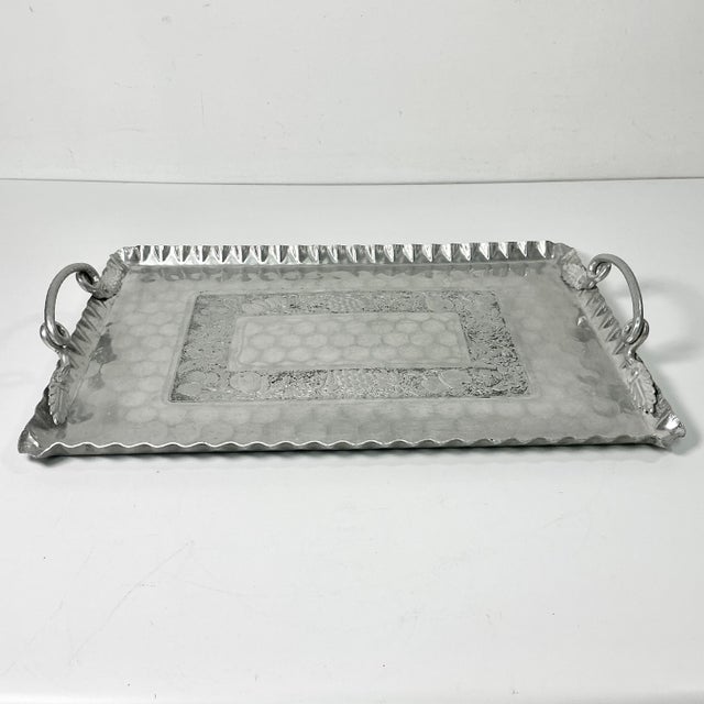 1950s Vintage Boho Chic Arts & Crafts Hand Wrought Etched Aluminum Serving Tray For Sale - Image 9 of 13