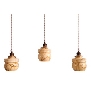 Art Deco Pendant Lights in Opaline and Marbled Uranium Glass from Scailmont, Belgium, 1930s, Set of 3 For Sale