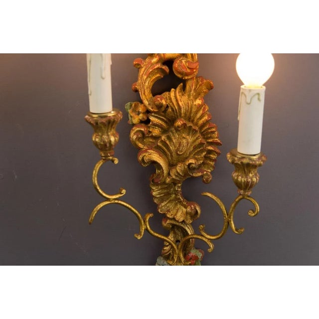 Rococo Style Carved and Polychrome Painted Wooden Sconces, 1930s, Set of 2 For Sale - Image 6 of 18