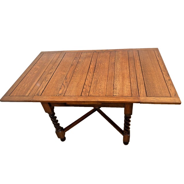 Arts & Crafts Antique Expanding Pub Kitchen Table Barley Twist Legs Quarter Sawed Tiger Oak For Sale - Image 3 of 14