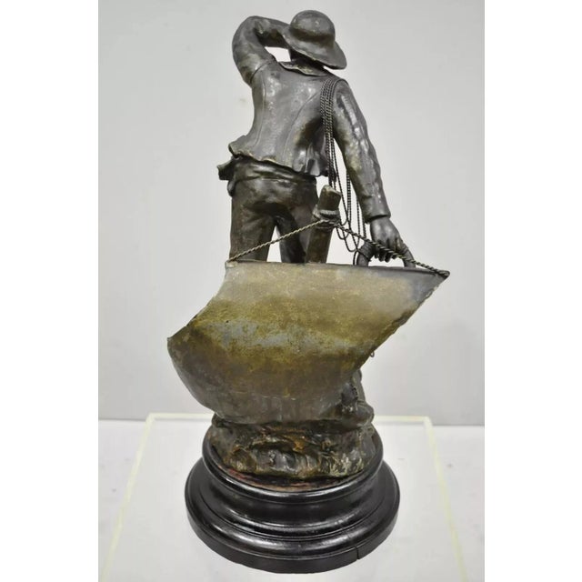Antique French Spelter Metal Sailor Watchman on Ship Wooden Base, Made in France For Sale - Image 10 of 12