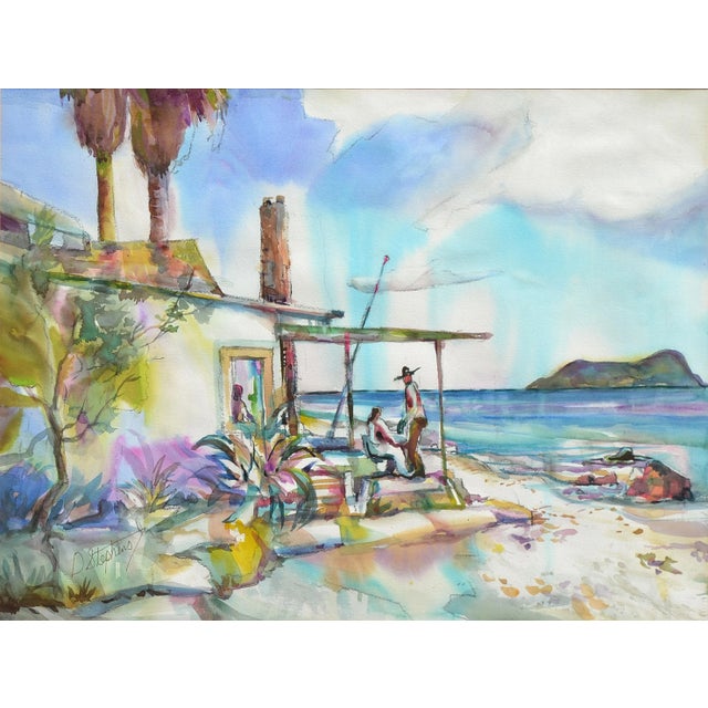 Colors of tropical waters create a light and breezy mood in this figurative landscape watercolor by David Stephens...