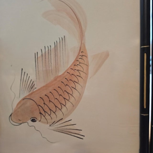 A captivating pair of mid-century Chinese scroll-style art panels showcasing exceptional hand-painted ink and watercolor...