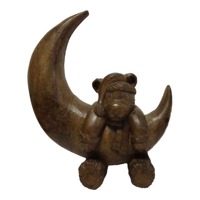Santa Bear in Moon Hand Carved Wood For Sale