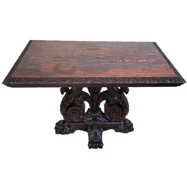 Antique American Carved Oak "Fleur-De-Lis" Base Renaissance Library Center Table For Sale - Image 4 of 13