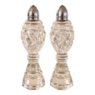 Vintage Tall Faceted Crystal-Glass Salt and Pepper Shakers With Silver-Tone Caps For Sale
