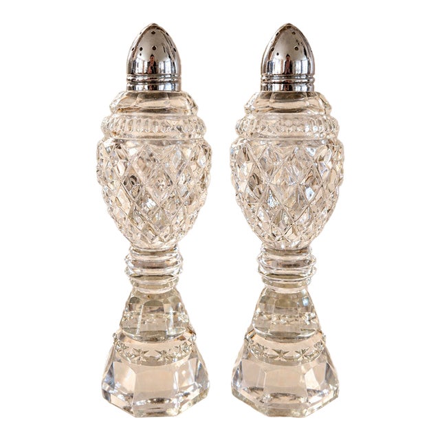 Vintage Tall Faceted Crystal-Glass Salt and Pepper Shakers With Silver-Tone Caps For Sale