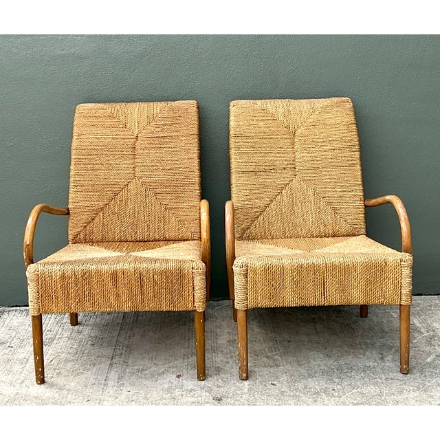 Vintage Japanese Wood and Twisted Jute Lounge Chairs - Pair For Sale - Image 4 of 12