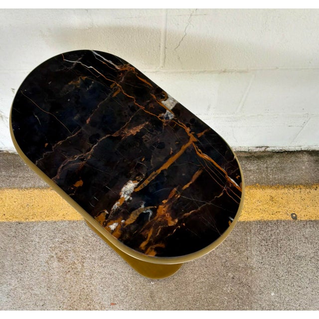 Original retail $894, stylish Revelation Modern Michelangelo Marble Lozenge Side Table, antique brass base, showroom floor...