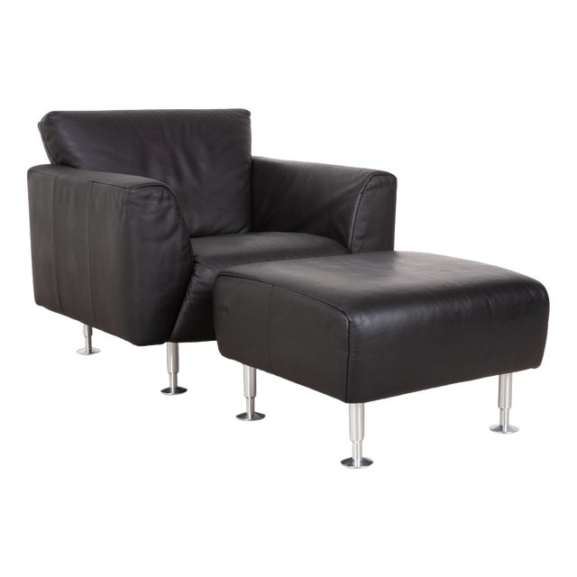 Set of 250 Lounge Chair and Ottoman in Black Leather from Rolf Benz For Sale