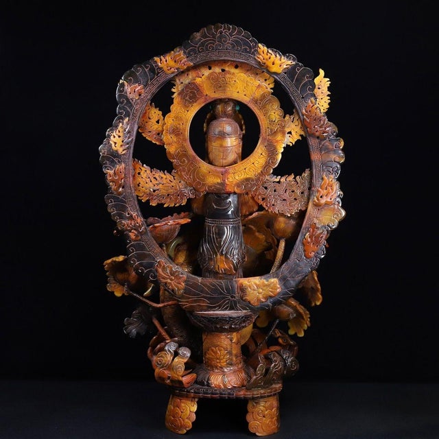 Late 19th Century Large Carved Faux Horn Bodhisattva Riding Dragon Sculpture For Sale - Image 4 of 10