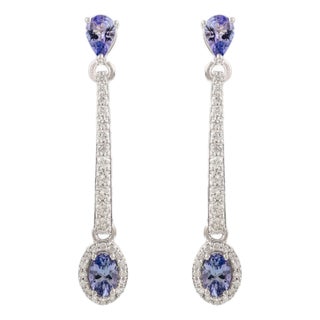 Fine Silver Diamond Bar Drop Earrings With Blue Sapphire Gemstones & Diamonds- A Pair For Sale