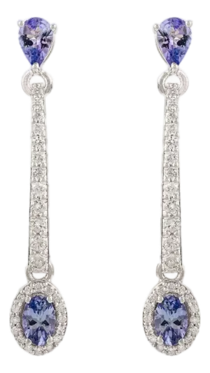Fine Silver Diamond Bar Drop Earrings With Blue Sapphire Gemstones & Diamonds- A Pair