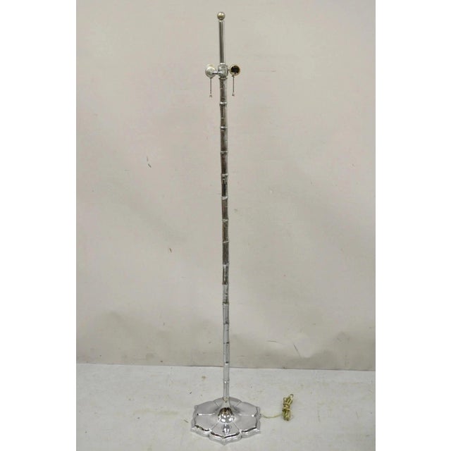 Vintage Hollywood Regency Faux Bois Bamboo Chrome Lotus Base Pole Floor Lamp For Sale - Image 10 of 10