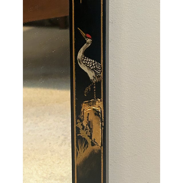 1970s Mid-20th Century Chinoiserie Black Lacquer Hand-Painted Wall Mirror For Sale - Image 5 of 8