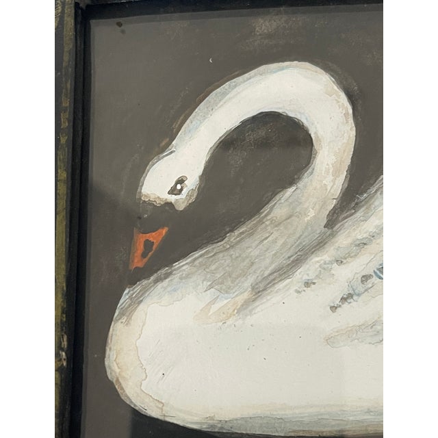 1950s Original Swan Painting in an Antique Folk Art Butterfly Frame For Sale - Image 4 of 5