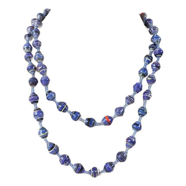 Contemporary Artist Made Blue Paper and Glass Bead Necklace For Sale