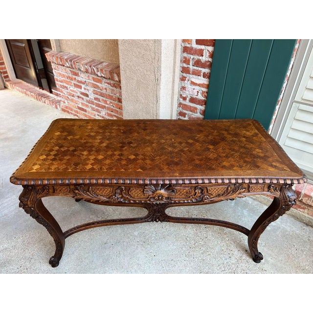 Antique French Center Library Table Louis XV Carved Oak Rococo Parquetry C1890 For Sale - Image 13 of 18
