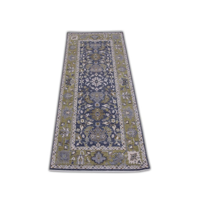 Early 21st Century Green & Navy Handwoven Turkish Oushak Runner 2'8" X 6'4" For Sale - Image 5 of 6