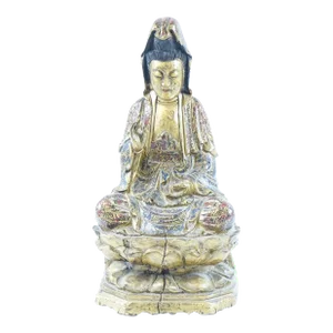 19th Century Antique Chinese Painted Wood Carving of Buddha