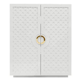 Matthew Izzo Home Poppy White Lacquer Two Door Cabinet With Lattice Design and Brass Door Pulls For Sale