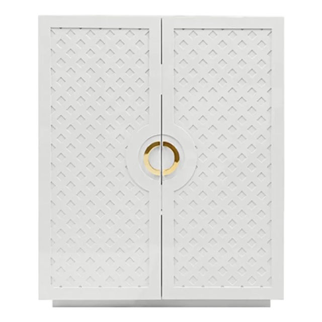 Matthew Izzo Home Poppy White Lacquer Two Door Cabinet With Lattice Design and Brass Door Pulls For Sale