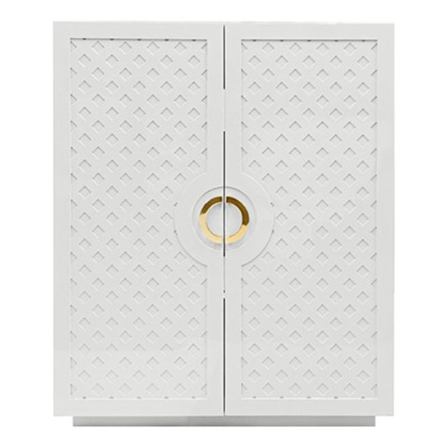 Matthew Izzo Home White Lacquer Two Door Cabinet With Lattice Design and Brass Door Pulls For Sale