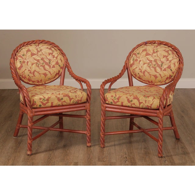 High Quality American Made Painted Rattan Frame Armchairs with Carved Backs and Custom Upholstery