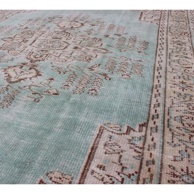 Vintage Oushak Rug With Aqua Color Background and Brown Highlights For Sale In Atlanta - Image 6 of 8