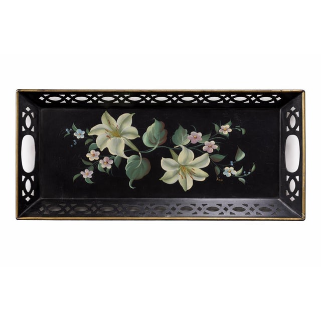 Black Old World English Toleware Bar Cart Tray, Grandmacore Living Room Ottoman Decor For Sale - Image 8 of 15