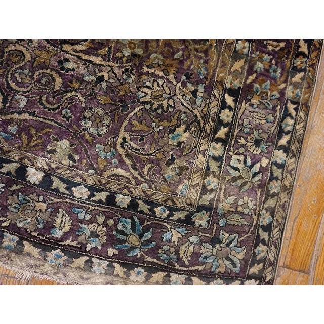 Great Eggplant Purple Background and Detail of Rossette Floral Border Geometric Design Antique Persian Silk Kashan by Kazan For Sale - Image 10 of 15