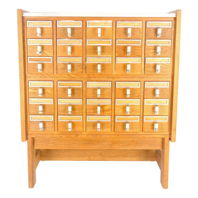 Oak Aluminum Apothecary 30 Drawers Apothecary Cabinet on Solid Legs Formica Top For Sale