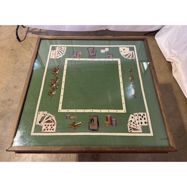 Mid-Century Modern Bespoke 1975 Custom Needlepoint & Oak Pedestal Game Table With Matching Cover For Sale - Image 3 of 15