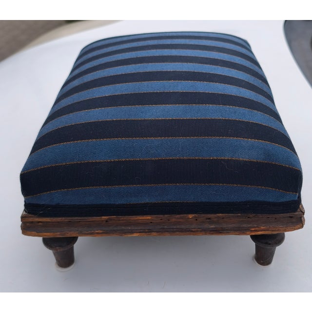 Antique Ottoman with Blue Striped Fabric by Fußschemel, 1920s, in Very Good conditions. Designed 1920 to 1949