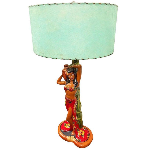 Mid-Century Modern 1950s Mid-Century Modern Hand Painted Hawaiian Hula Resin Table Lamp by Santana W/ Wipplestitch Shade For Sale - Image 3 of 10