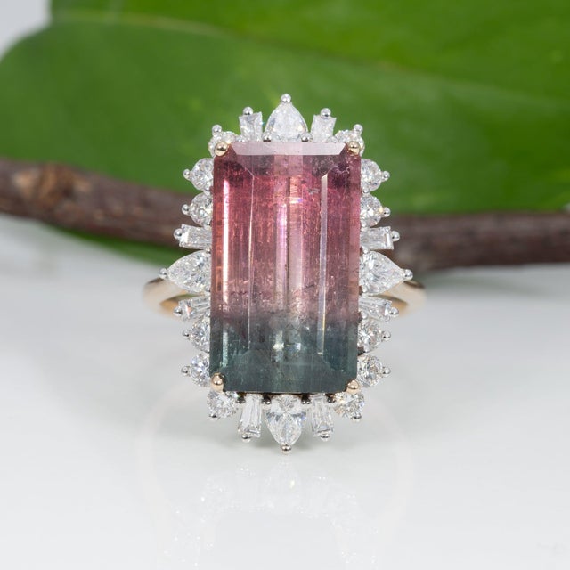 2020s 10Ct Bi-Color Tourmaline Ring With Lab Diamond Accents: Solid 14k Gold, 17x10mm, Size 6.75 For Sale - Image 5 of 9