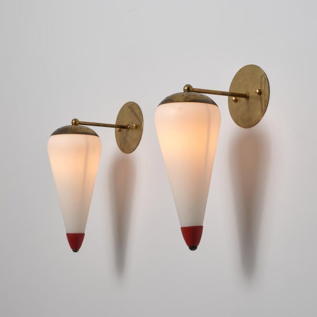 Metal Large Italian Wall Sconces in Brass, Red Metal and Opaline Glass, 1950s, Set of 2 For Sale - Image 7 of 15