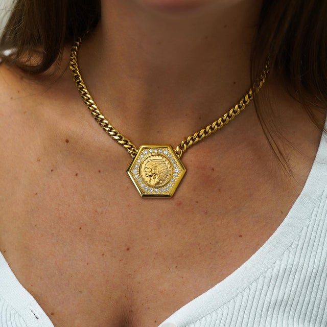 1909 Us Indian Head $5 Gold Coin Pendant Necklace, 14k Gold With Diamonds For Sale - Image 4 of 11