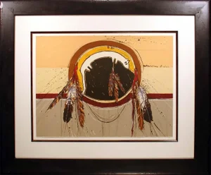 1980s Larry Fodor "Crow Shield" Signed Hand Colored Lithograph Artwork, Framed