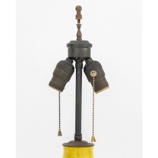 Chinese Famille Jaune Porcelain Vase Mounted as a Table Lamp, with figural landscape and courtyard scene on circular wood...