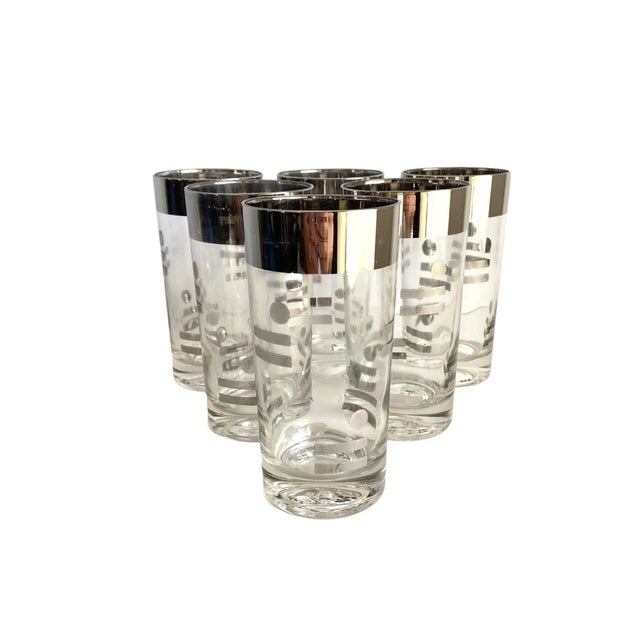 Vintage 1950s - 1960s Silver Rim Geometric Tall Drinking Glasses Collins Tumblers Set of 6 A unique set of Mid Century...