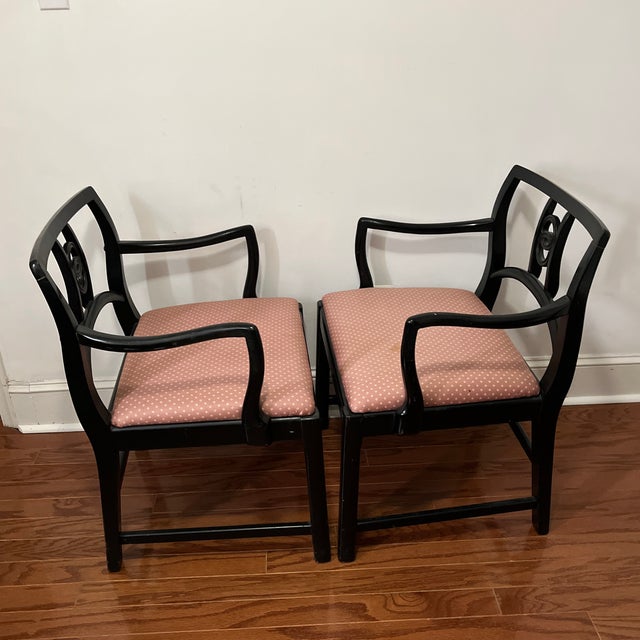 Pair Vintage MCM Blowing Rock Upholstered Arm Chairs Black Wood North Carolina For Sale - Image 4 of 12